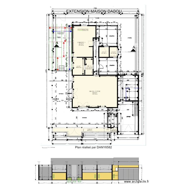 EXTENSION MAISON DABOU FACADE. Plan de 9 pièces et 28 m2