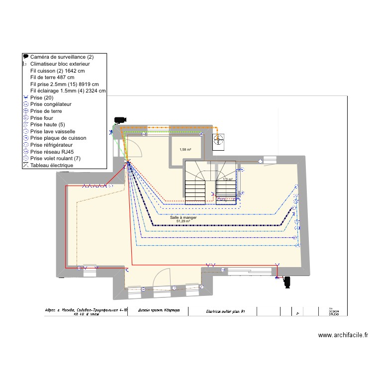 Électricité r0 prises volet. Plan de 3 pièces et 54 m2