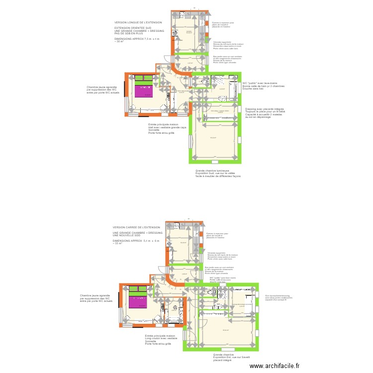 extension en long V1. Plan de 17 pièces et 129 m2
