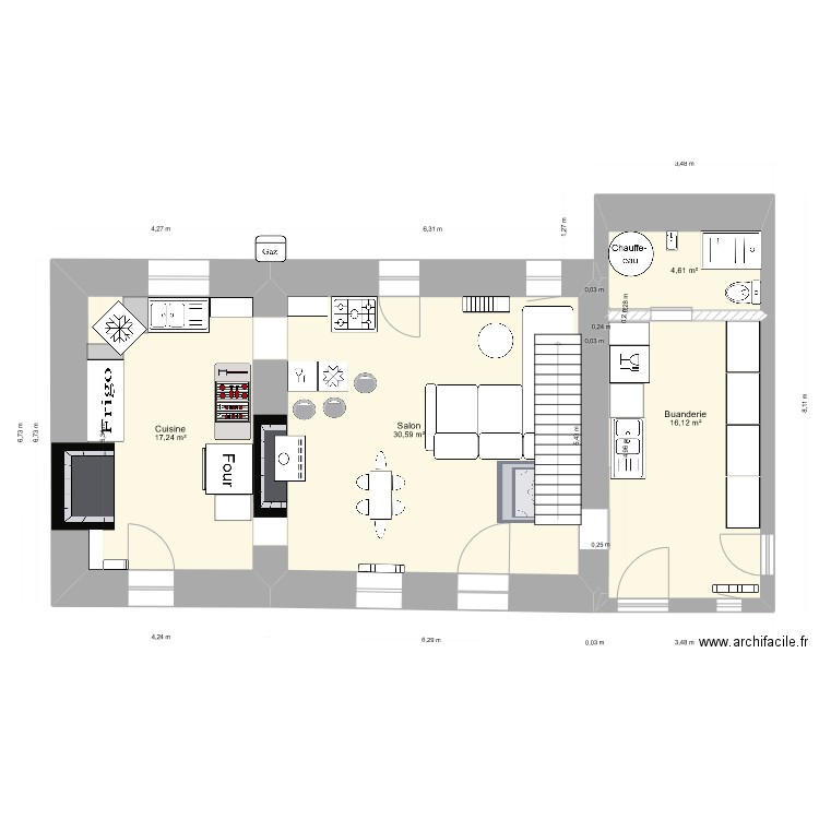 cuisine/salon. Plan de 4 pièces et 69 m2