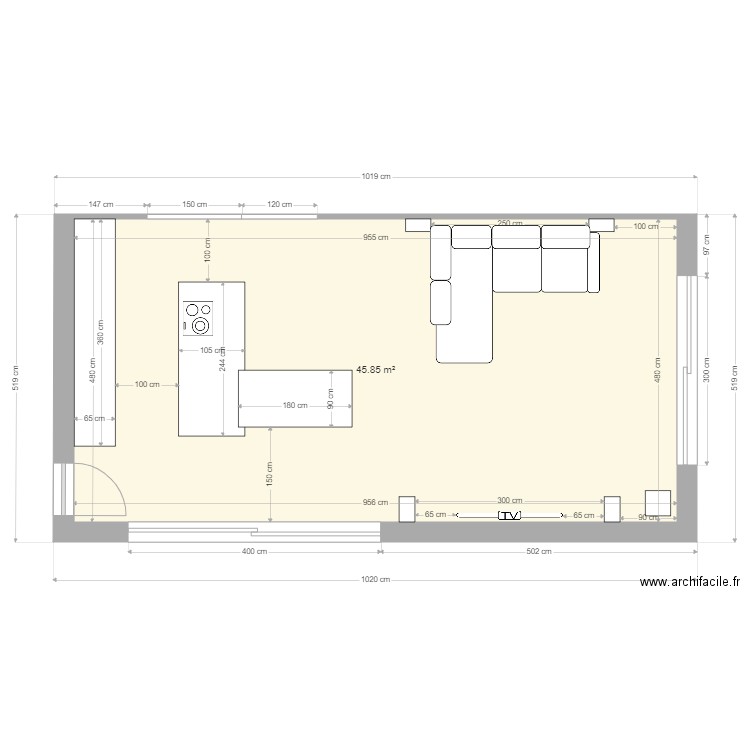 pièce de vie . Plan de 1 pièce et 46 m2