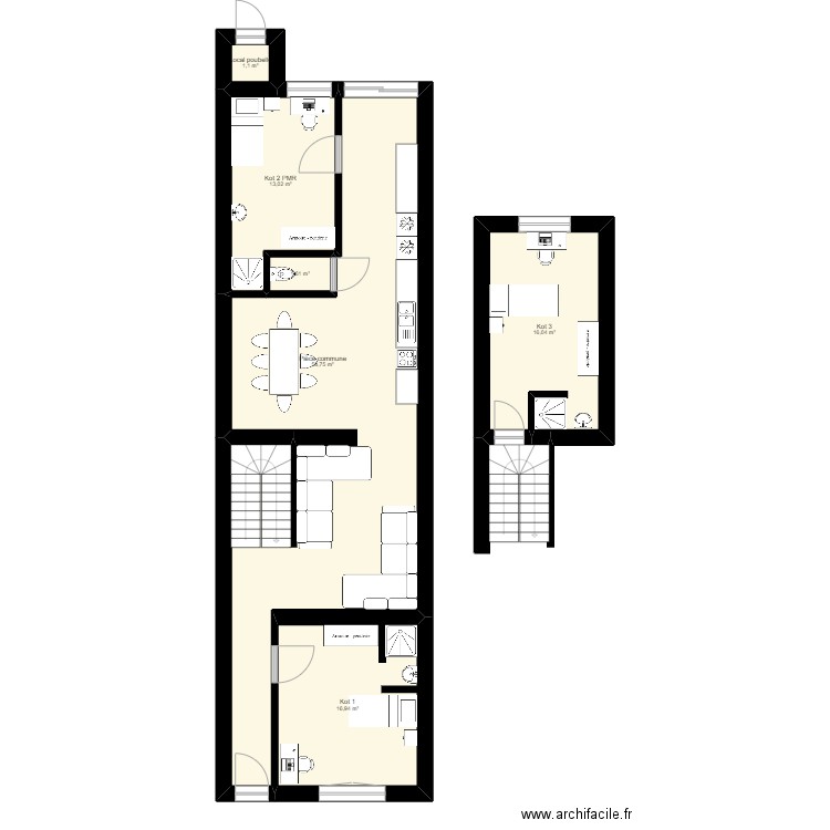 Fort 42 - Rez et demi étage. Plan de 6 pièces et 107 m2