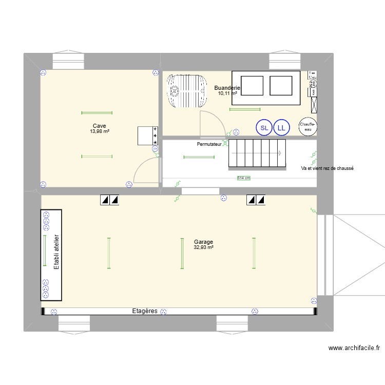 Sous sol. Plan de 3 pièces et 57 m2