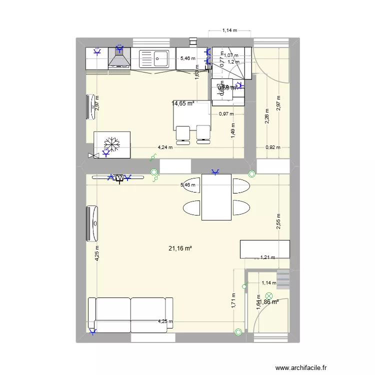 salon cuisine 5. Plan de 4  et 38 m²