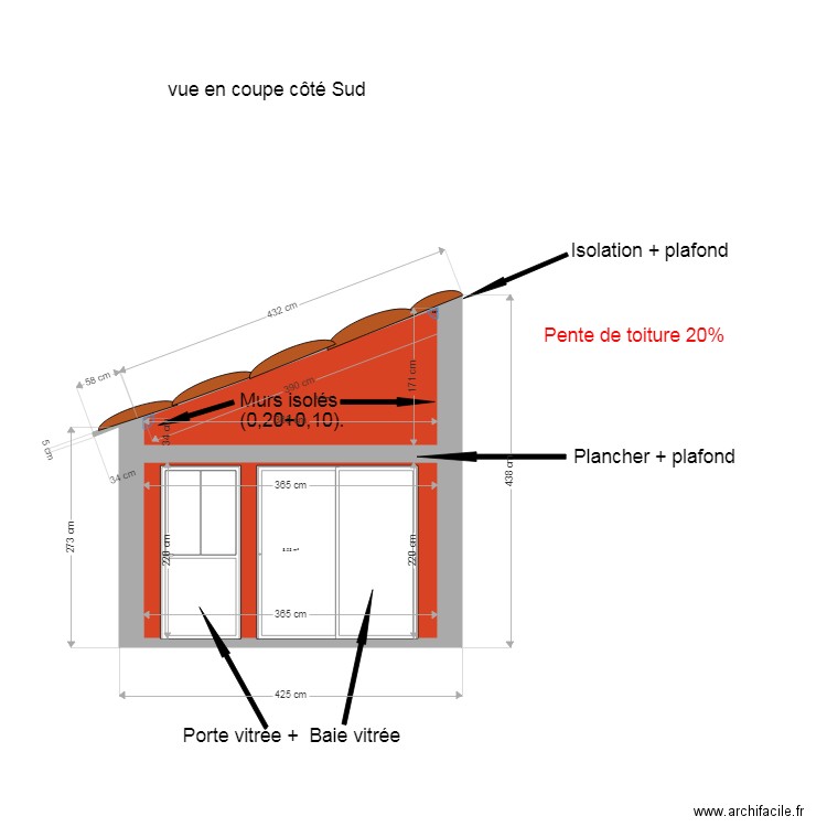 Vue en coupe côté Sud annexe FREIRE. Plan de 0 pièce et 0 m2