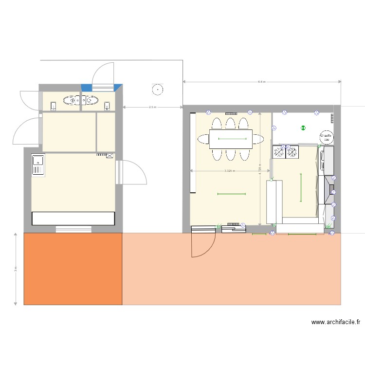 COUPE AA Agrandissement local réduit décalé. Plan de 6 pièces et 42 m2