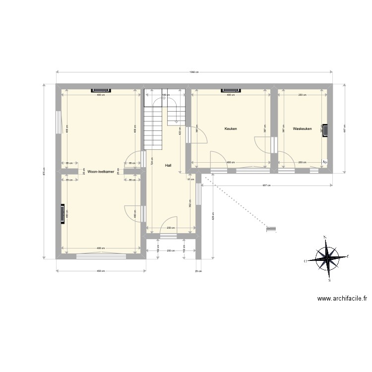 Membruggen - gelijkvloer met sterfput. Plan de 4 pièces et 74 m2