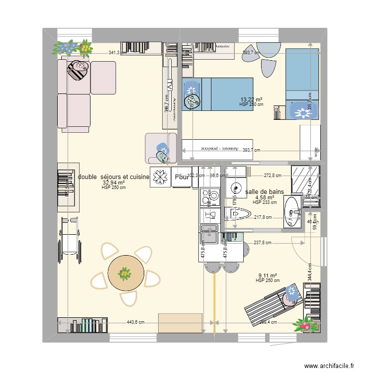 organisation 2. Plan de 4 pièces et 60 m2