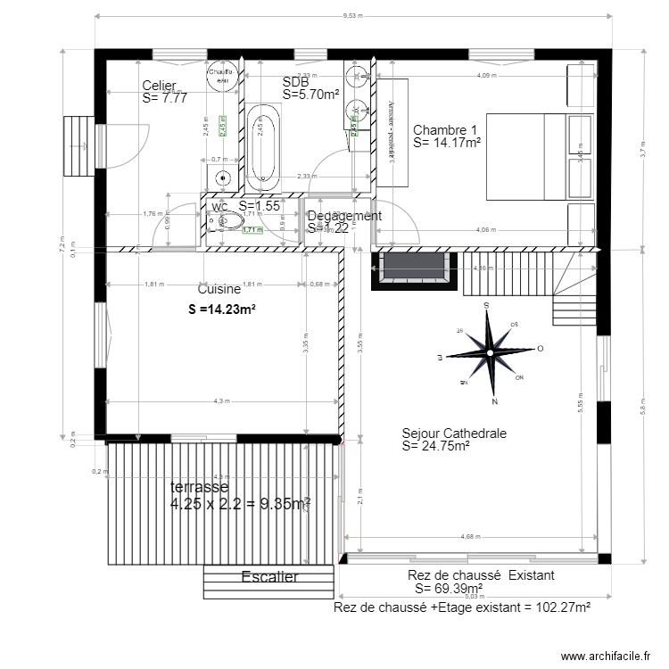  Existant chalet 50. Plan de 4 pièces et 48 m2