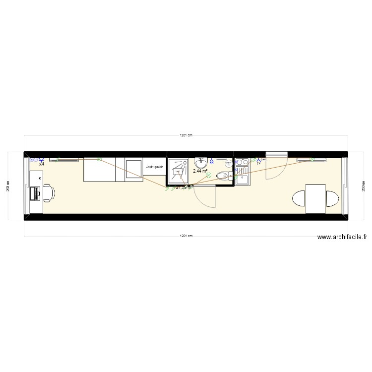 conteneur. Plan de 2 pièces et 24 m2