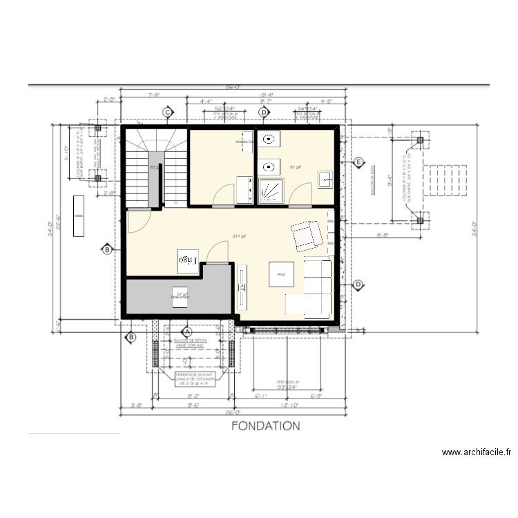 Sous sols avec ongle. Plan de 4 pièces et 48 m2