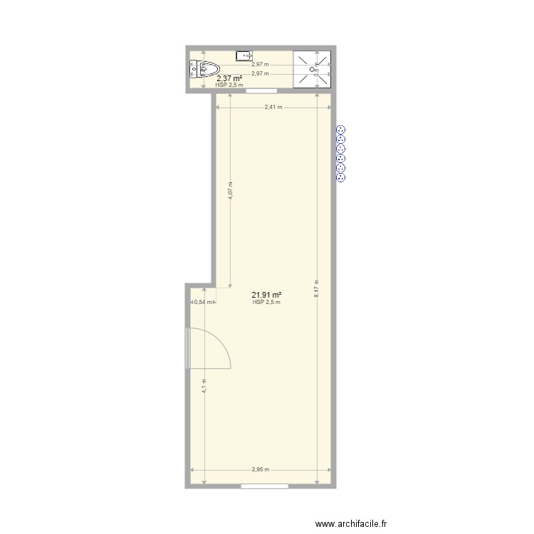 Salle de répétion electricité. Plan de 2 pièces et 24 m2