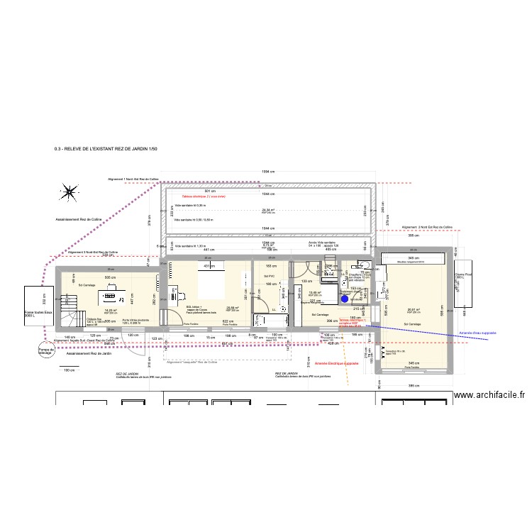 0.3 - RELEVE DE L' EXISTANT REZ DE JARDIN 1/50. Plan de 6 pièces et 103 m2