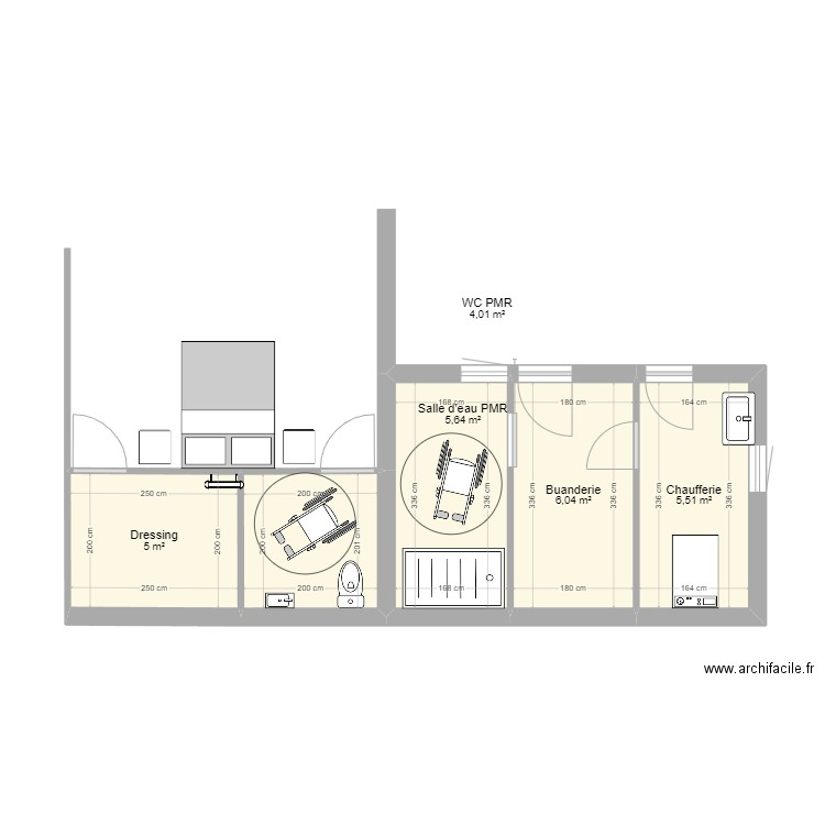 Salle de bain et WC PMR. Plan de 5 pièces et 26 m2