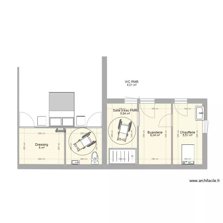 Salle de bain et WC PMR. Plan de 