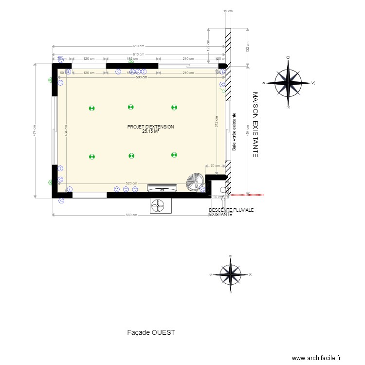 Vue en plan extension salon et façade OUEST. Plan de 0 pièce et 0 m2