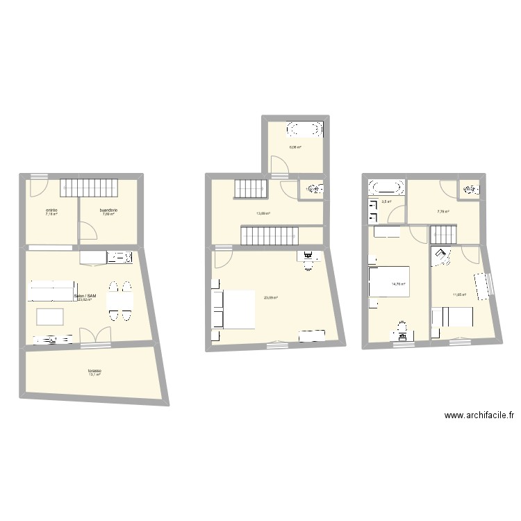 appt2_triplex. Plan de 13 pièces et 133 m2