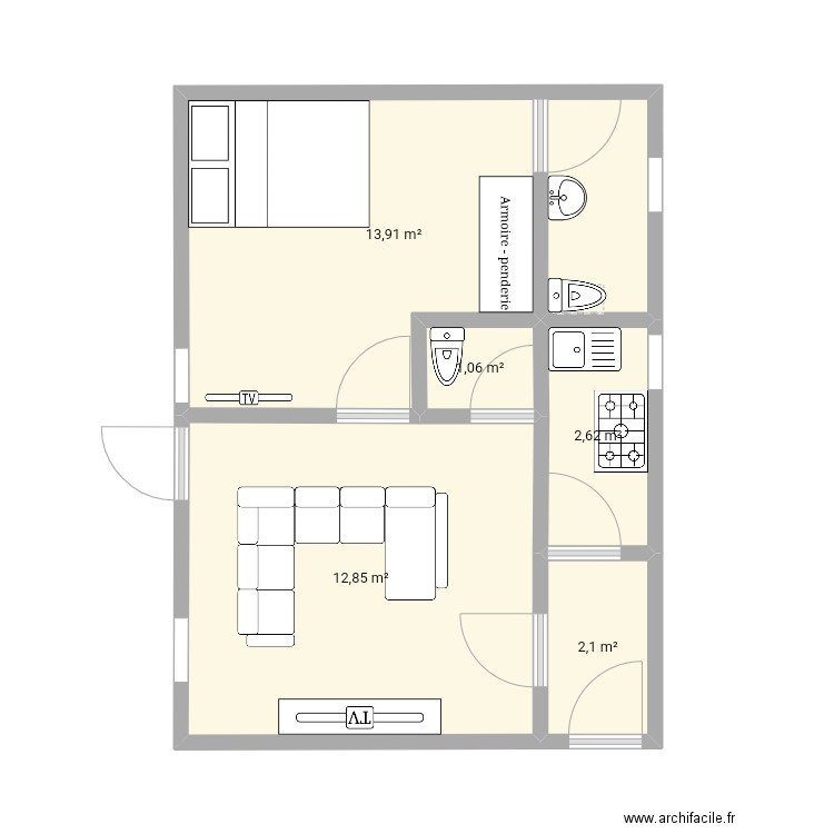 2 pièces 35 m² 2 salles d'eau, cuisine . Plan de 5 pièces et 33 m2