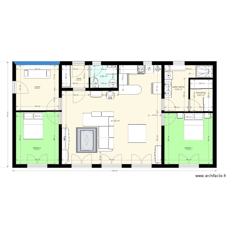 90 M2 plain pied3 3 ch . Plan de 8 pièces et 91 m2