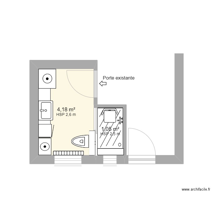 BEKA SDB  porte existante. Plan de 2 pièces et 5 m2