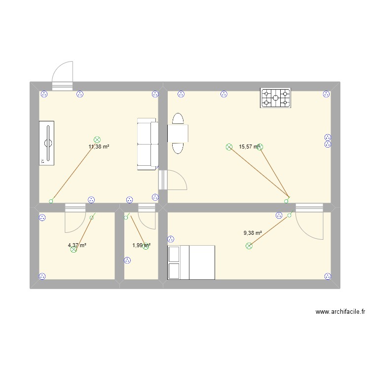 une chambre . Plan de 5 pièces et 43 m2