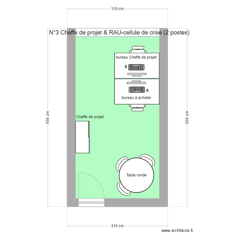 N° 3 Cheffe de projet & RAU cellule de crise (2 postes). Plan de 1 pièce et 13 m2