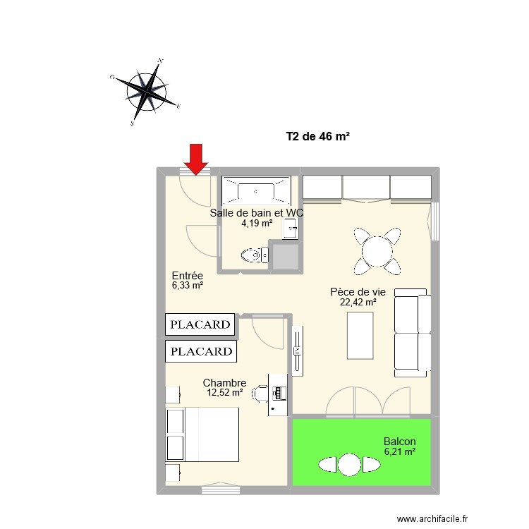 Bouygues VMF T2 le moins cher. Plan de 6 pièces et 52 m2