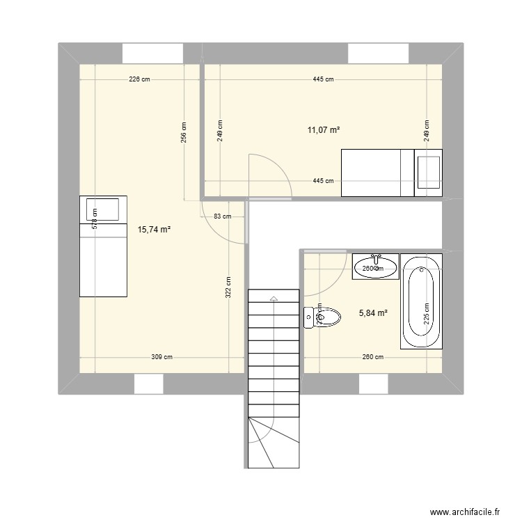 plan maison étage. Plan de 3 pièces et 33 m2