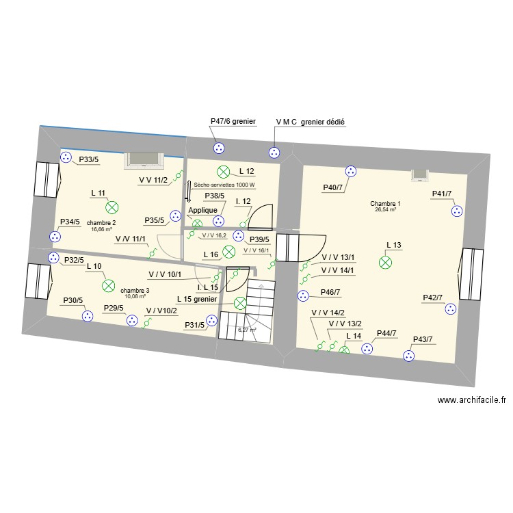 Maison etage electricite. Plan de 4 pièces et 60 m2