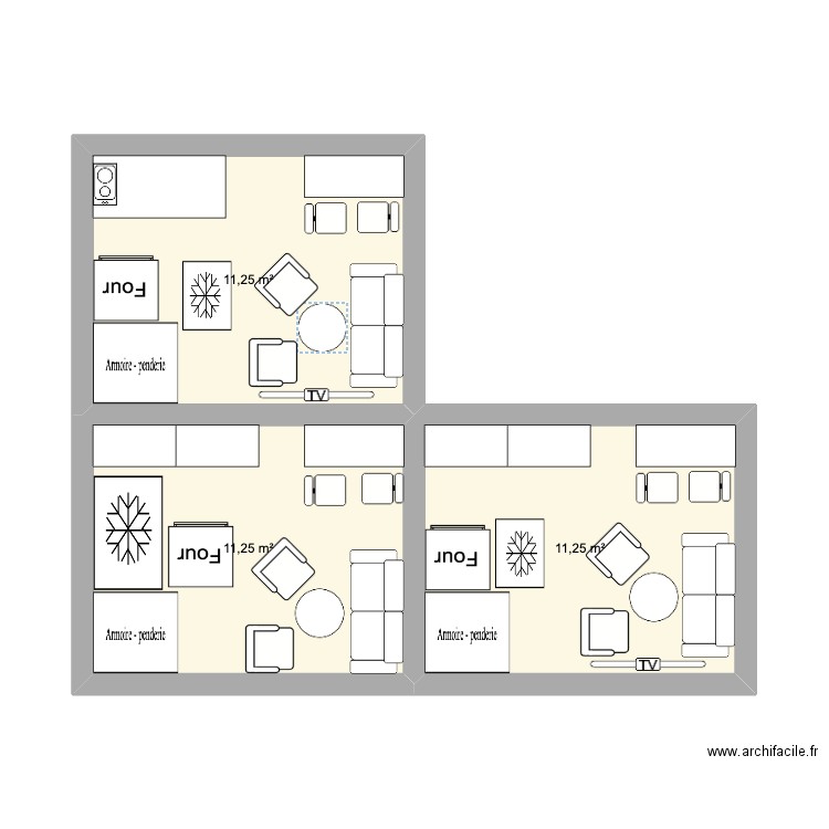 Anuga. Plan de 3 pièces et 34 m2