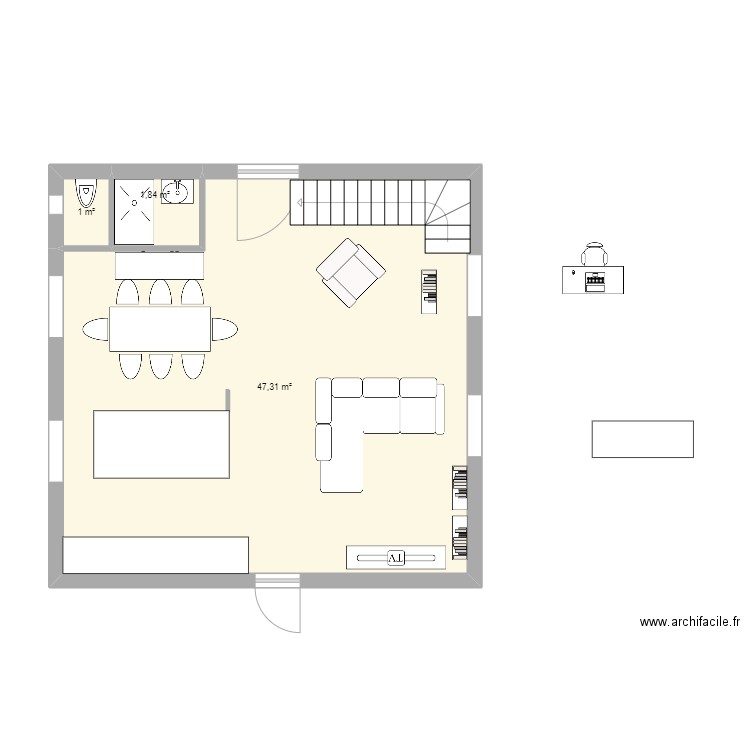 rdc isolation. Plan de 3 pièces et 50 m2
