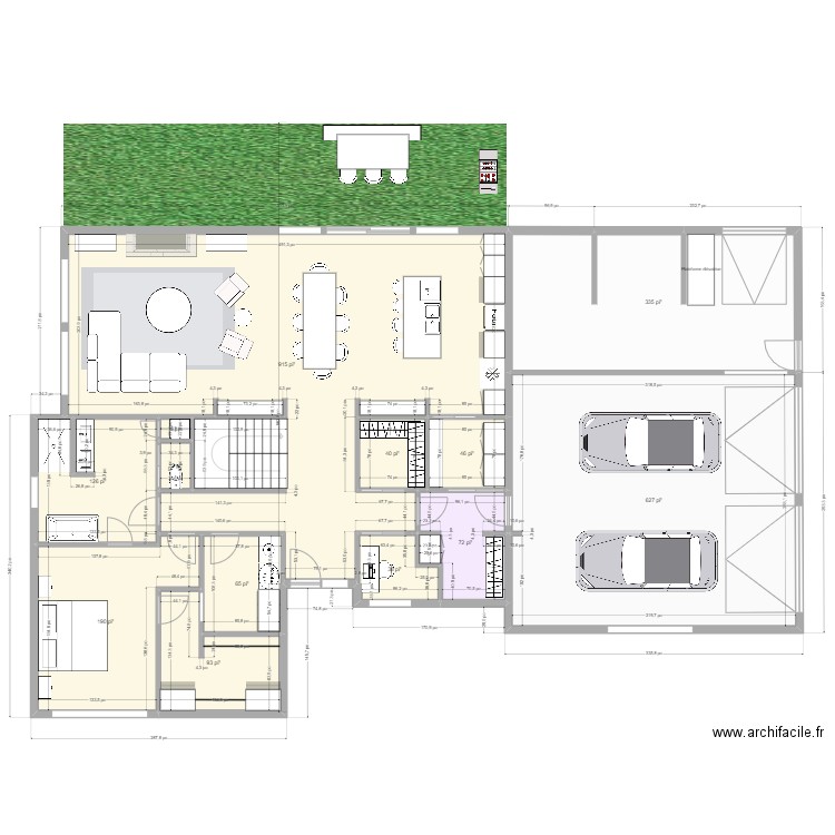 Nouveau plan salon inversé. Plan de 13 pièces et 238 m2