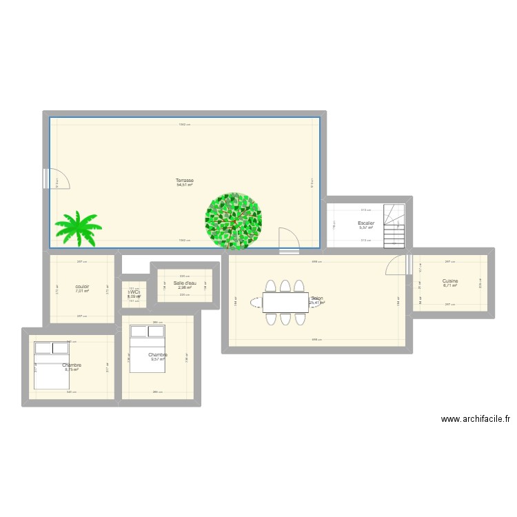 Maison T2 . Plan de 9 pièces et 122 m2