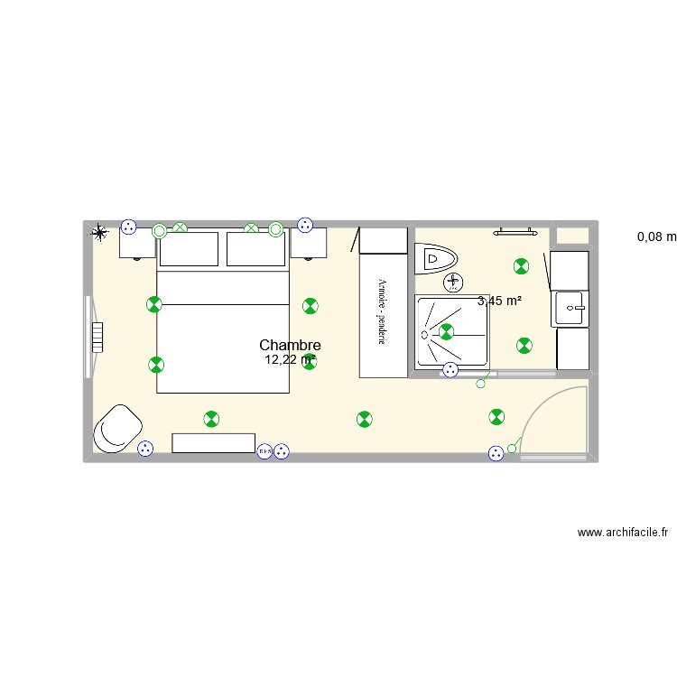 Chambre ex Flora. Plan de 3 pièces et 16 m2