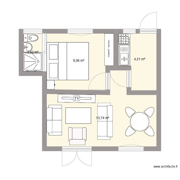 Chambre salon. Plan de 4 pièces et 28 m2