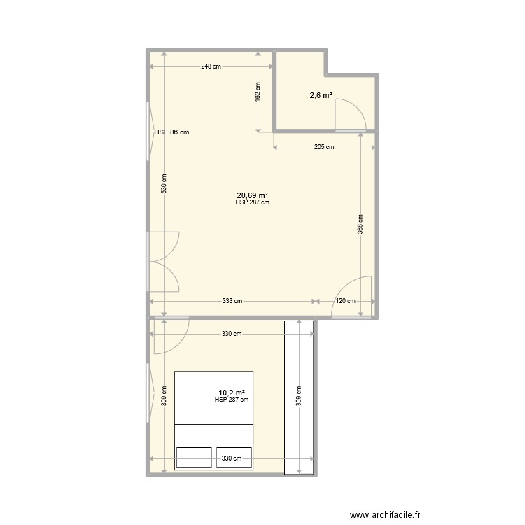 max 3 après travaux cuisine. Plan de 3 pièces et 33 m2