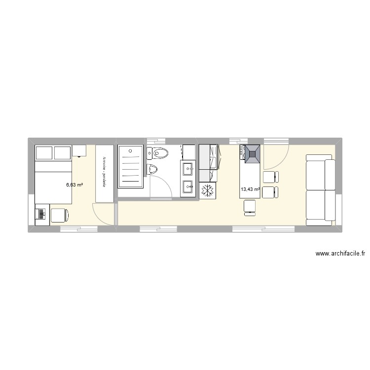 MICHEL  10 X 3 = 30 M2. Plan de 2 pièces et 20 m2