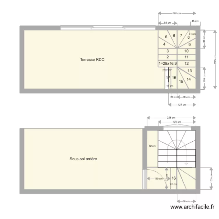 escalier extérieur 88x28x16 9Hx14 marches et 103x16 9x3 marches. Plan de escalier extérieur 88x28x16 9Hx14 marches et 103x16 9x3 marches. Plan de