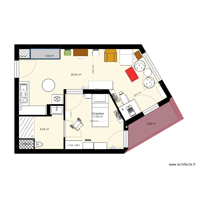 Appartement GIRANDIERE Meubles - OPTION 3. Plan de 7 pièces et 47 m2
