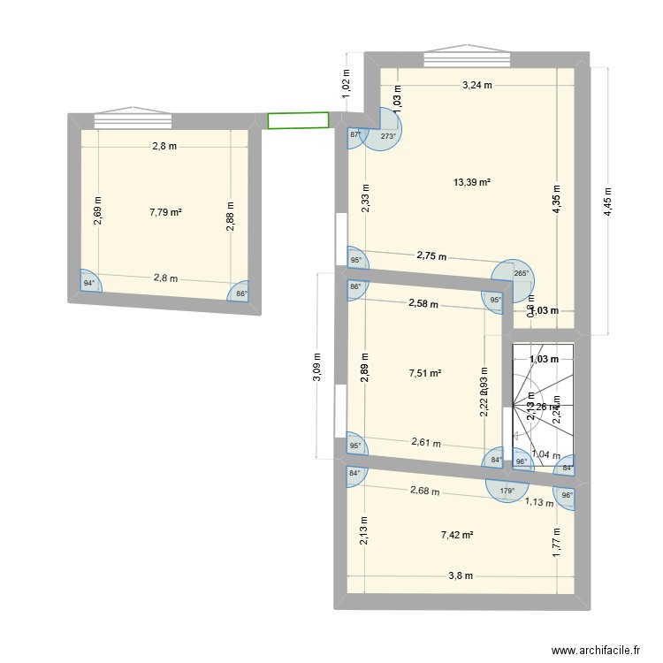 Nordeste. Plan de 5 pièces et 38 m2