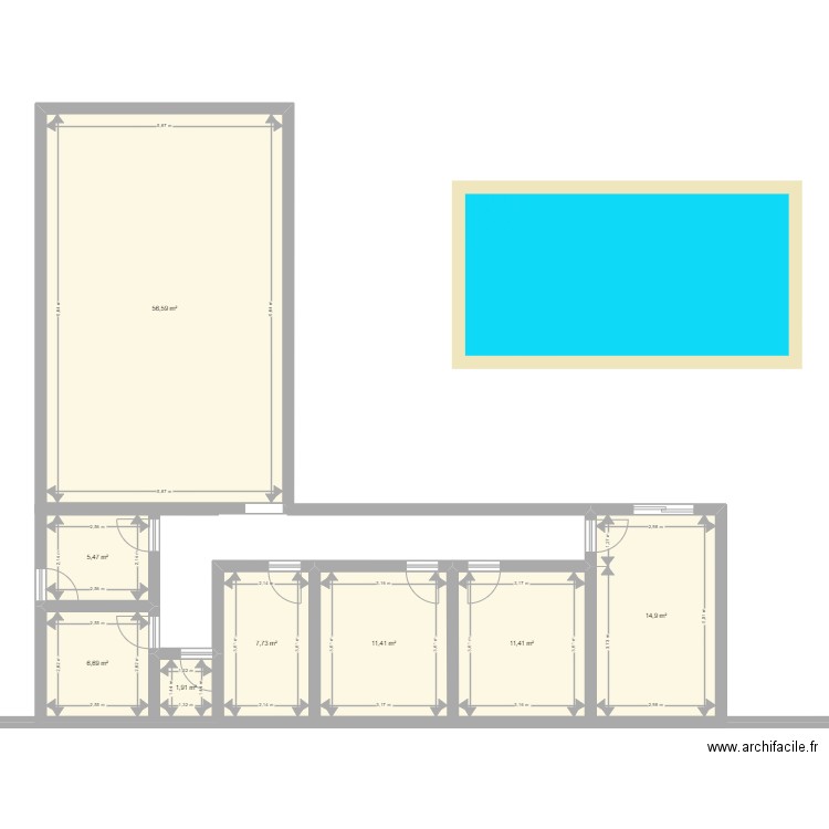 1er Plan maison en L . Plan de 8 pièces et 116 m2