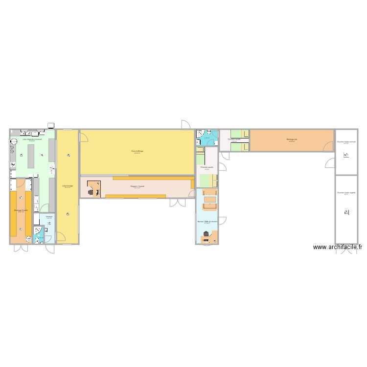 Hangar + Labo en détail sans cotation. Plan de 14 pièces et 242 m2