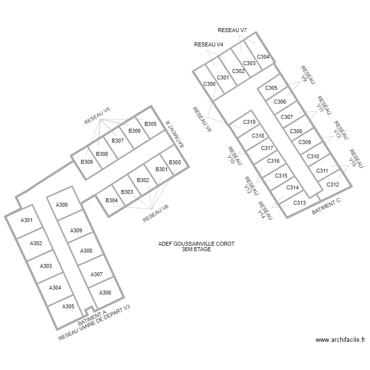ADEF COROT GOUSSAINVILLE 3EM ETAGE. Plan de 35 pièces et 1043 m2