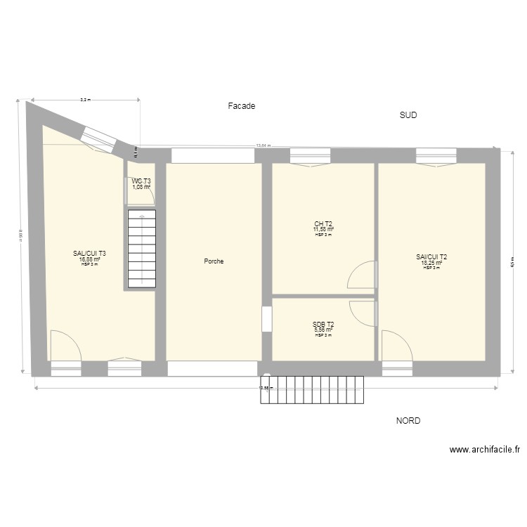 RDC REBAIS rénové. Plan de 7 pièces et 72 m2