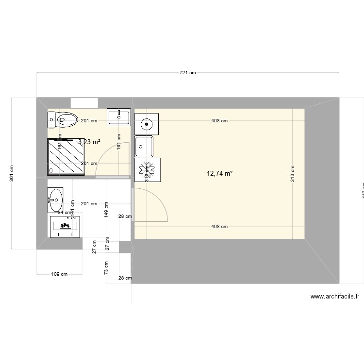 SDB ST FRONT V7. Plan de 2 pièces et 16 m2