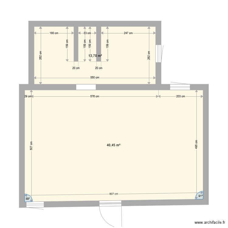Salon cuisine sanitaire. Plan de 2 pièces et 54 m2