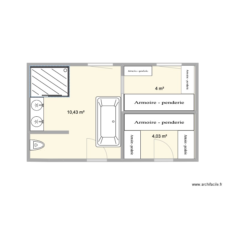 SDB Gairaut version 1. Plan de 3 pièces et 18 m2