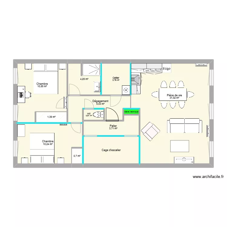 T3 traversant cuisine d'angle 2&egrave;me &eacute;tage final. Plan de 