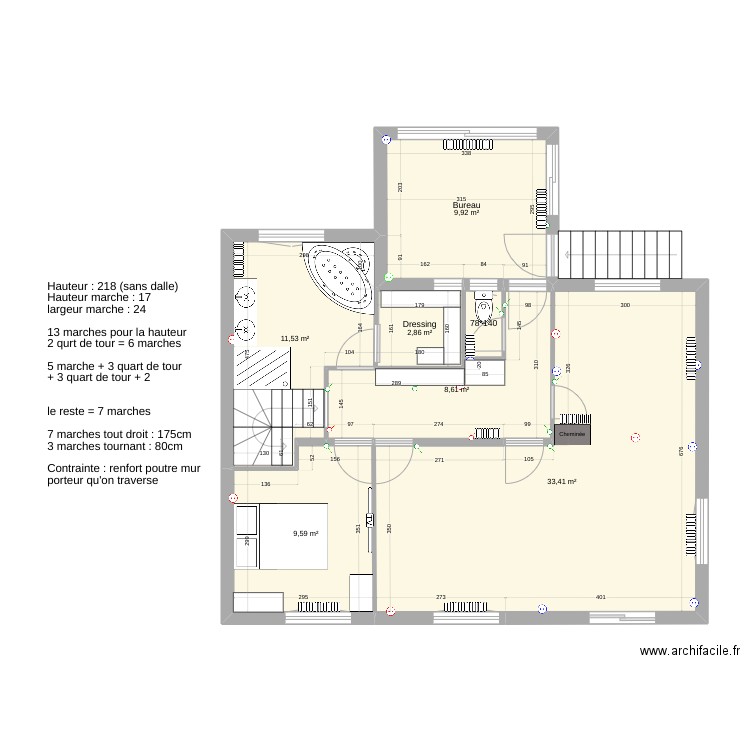 Maison test escalier. Plan de 7 pièces et 77 m2