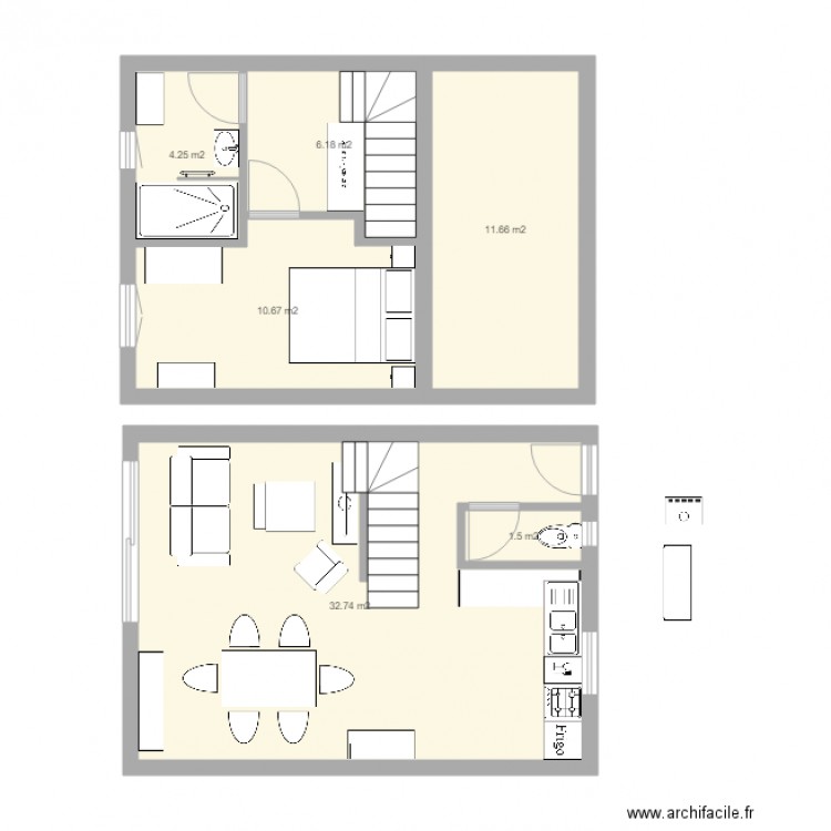 plan appart PG 1. Plan de 6 pièces et 67 m2